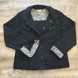 Chico’s Black Denim Jacket With Leopard Detail Med